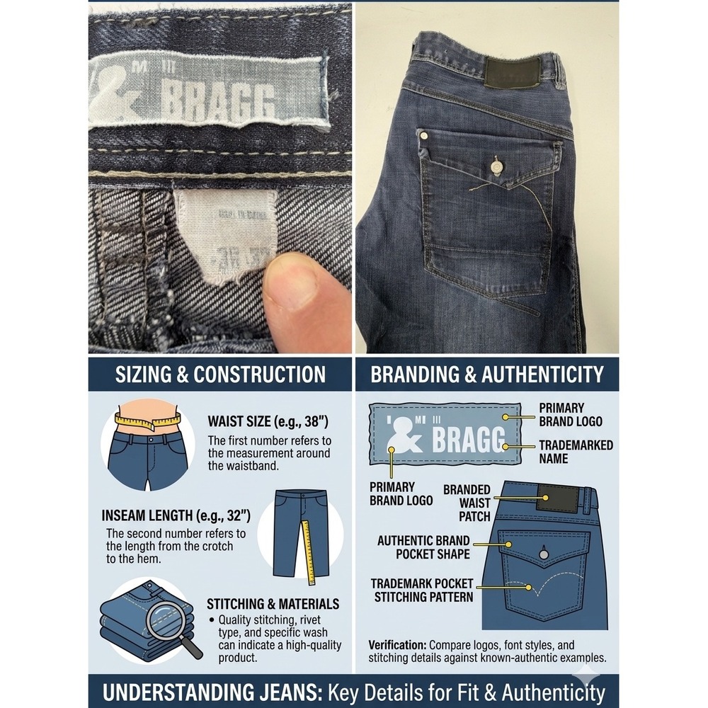 BRAGG Men's Relaxed Straight Jeans 38x31‎ Dark Wash Blue Denim Flap Pocket